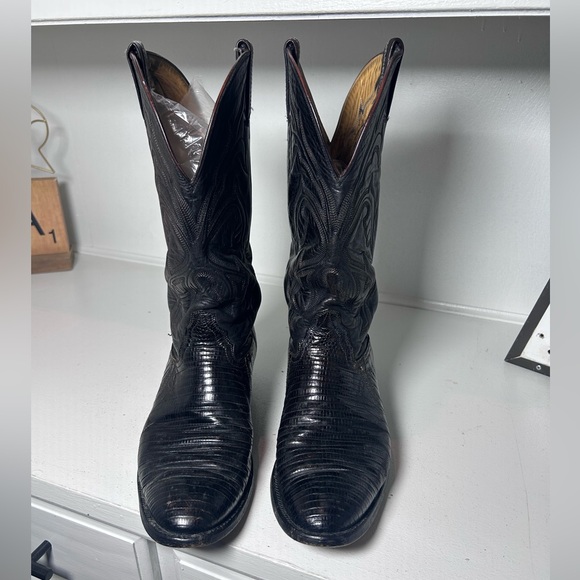 Vintage Hondo Lizard Cowboy Boots Men’s 8.5 Womens 10 Black Exotic Western - Picture 3 of 8